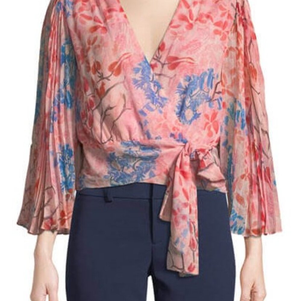 Alice + Olivia Pink Bray Silk Wrap Blouse Top Pleated Bell Sleeve Sz Small